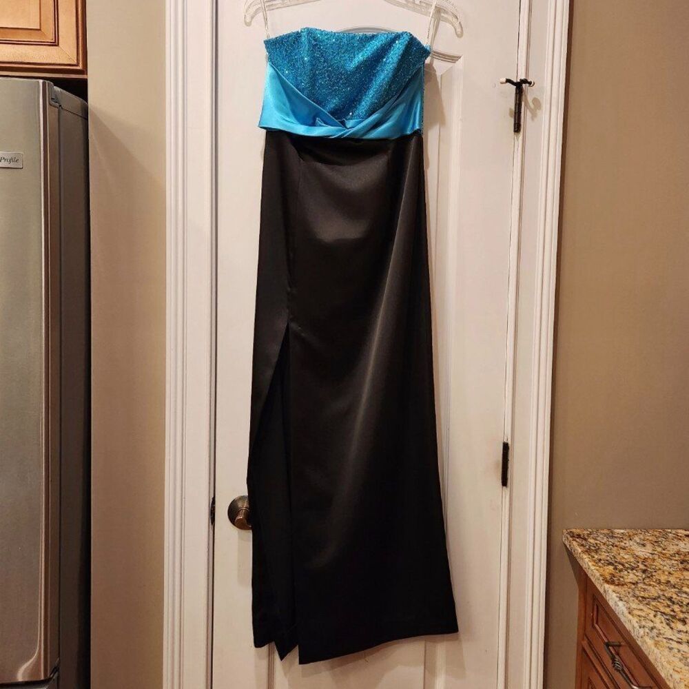 Long Black Aqua Strapless Satin Sequin Slit Dress Sz 7
